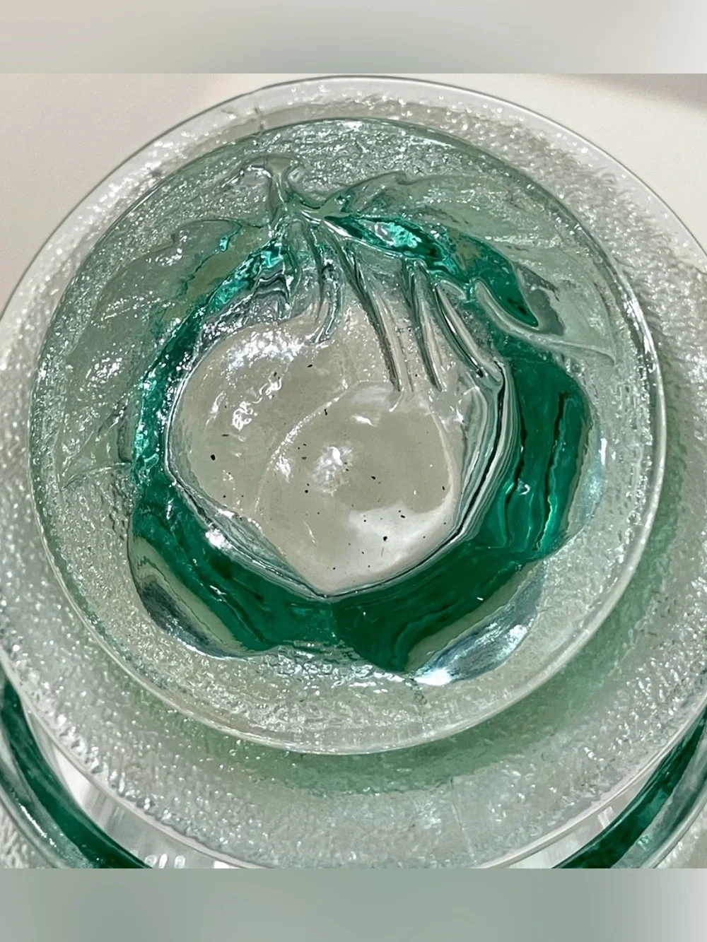 ☀️2/$20 Libbey “Fruit Orchard” Green Embossed Glass Lidded Jar Small Canister
